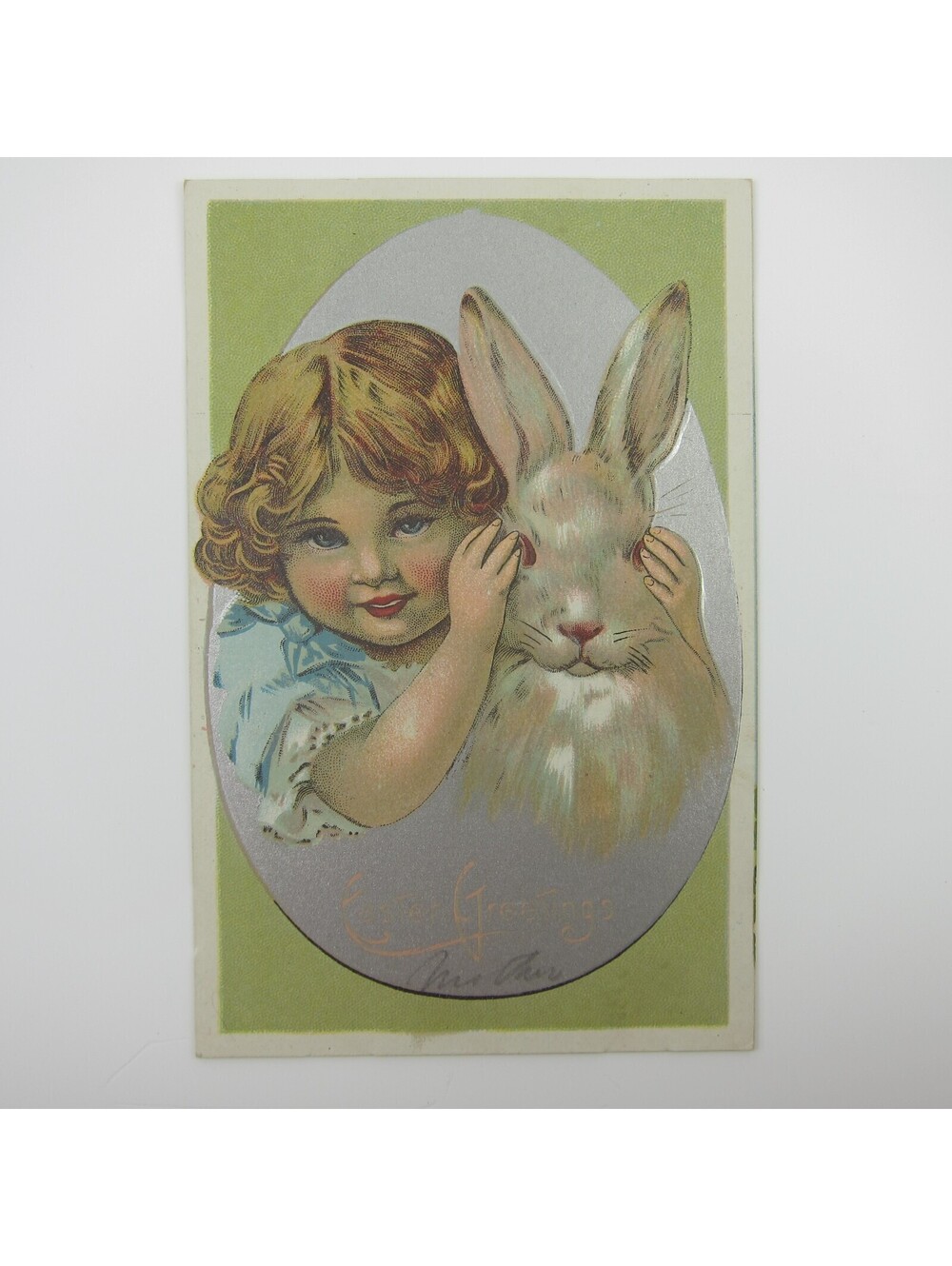 Easter Postcard Blonde Girl Blue Dress Hugs Rabbit Silver Embossed Antique